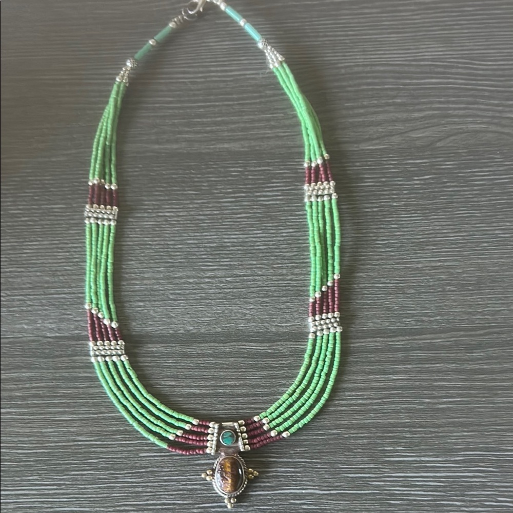 Vibrant Green and Red Multi-Strand Necklace with Crystal Pendant
